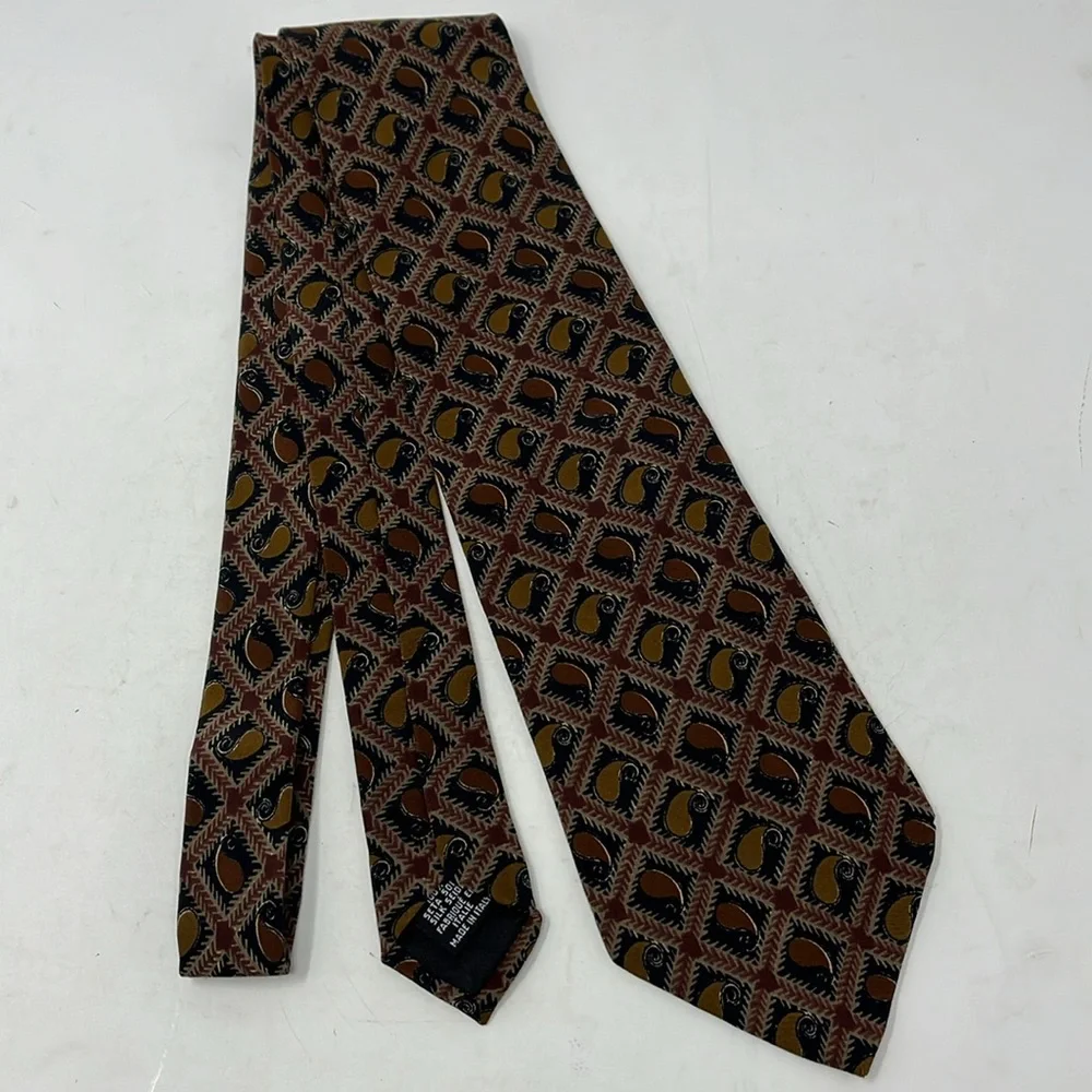 VINTAGE HUGO BOSS TIE PAISLEY BROWNS 100% SILK MADE IN ITALY